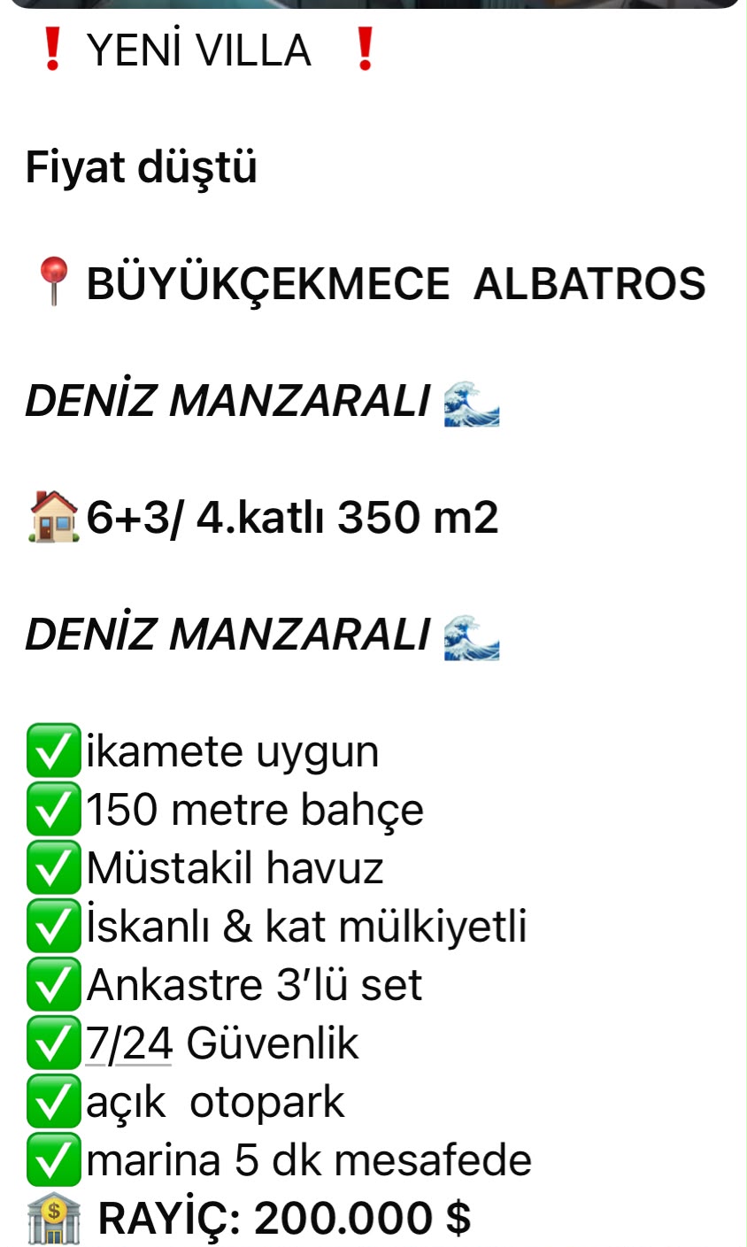 Büyükçekmece Albatros 6+3 4 Katlı 350m2 Villa