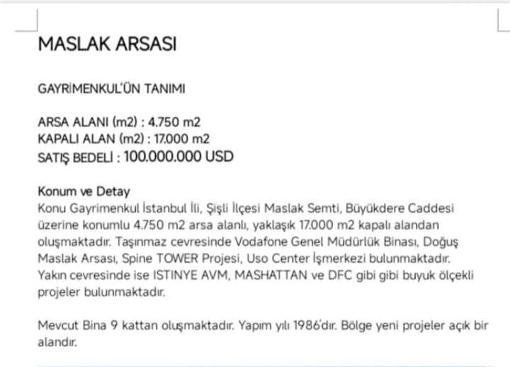 İstanbul Maslak Satılık 17.000 m2 Kapalı Alan